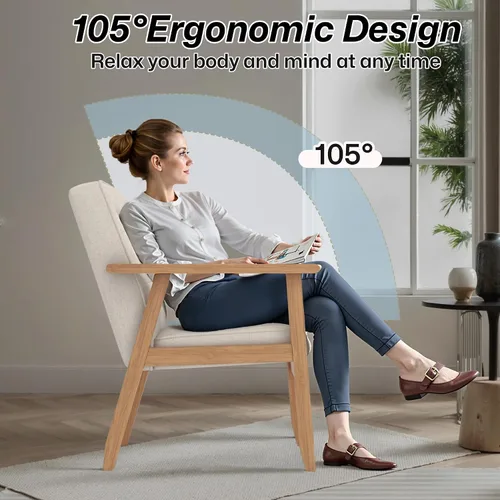 Miniatura 5 de Silla decorativa moderna con reposabrazos, silla de ocio tapizada de tela de lino con botón de respaldo y marco de madera para sala de estar, Beige