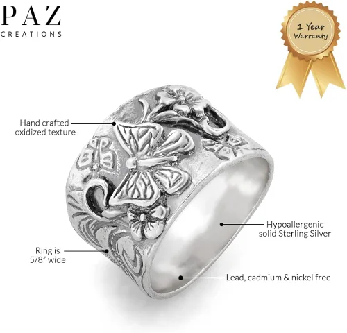 Miniatura 3 de PZ Paz Creations Anillo de plata de ley 925 con diseño floral de mariposa para mujer, regalo de joyería bohemia de estilo vintage, anillos gruesos