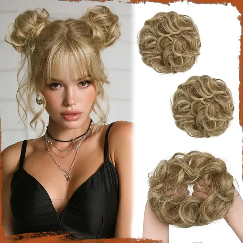 Miniatura 34 de Sofeiyan 2 piezas de extensión de cabello rizado ondulado en forma de moño desordenado, mini moño desordenado con banda elástica, peluca sintética