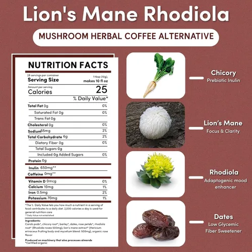 Miniatura 3 de Teeccino Lion’s Mane Rhodiola Café alternativo de setas adaptogénicas - Rosa - Café de setas herbal con sabor a mane de león y rhodiola, tostado