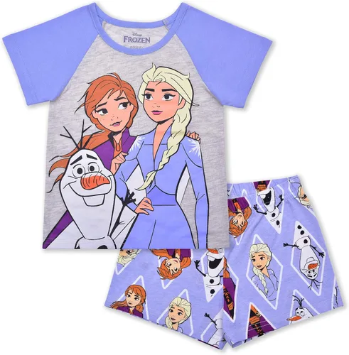Disney Frozen Elsa, Anna and Olaf - Conjunto de camiseta y pantalones cortos para niñas pequeñas y niños pequeños, color púrpuragris