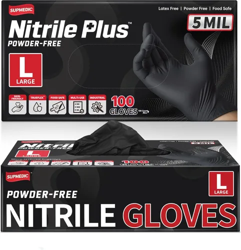 Supmedic Disposable Nitrile Gloves, 5Mil Chemical Resistant Powder-Free Latex-Free Glove Exam Cook Tattoo, Black Blue 100Pcs