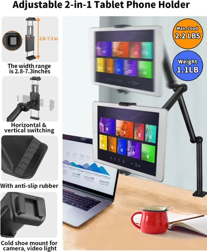 Miniatura 2 de HEMMOTOP Magic Arm Soporte de escritorio/abrazadera, brazo de cámara ajustable de 28 pulgadas para iPad, soporte de iPhone superior, para micrófono