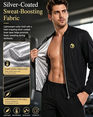 Miniatura 4 de NINGMI Traje de sauna para hombre, chaqueta para sudar, camisa de manga larga, trajes de entrenamiento con cremallera, gimnasio, ejercicio, fitness