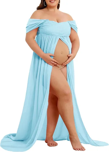 Miniatura 2 de Vestido de maternidad para sesión de fotos con hombros descubiertos, vestido de gasa con abertura frontal, maxi vestidos de embarazo para fotografía