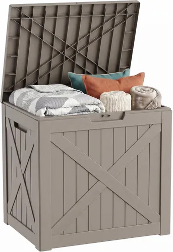 Miniatura 39 de Caja de cubierta para exteriores de 120 galones, cajas de almacenamiento impermeables con cerradura para herramientas de jardín, cojines de Gris