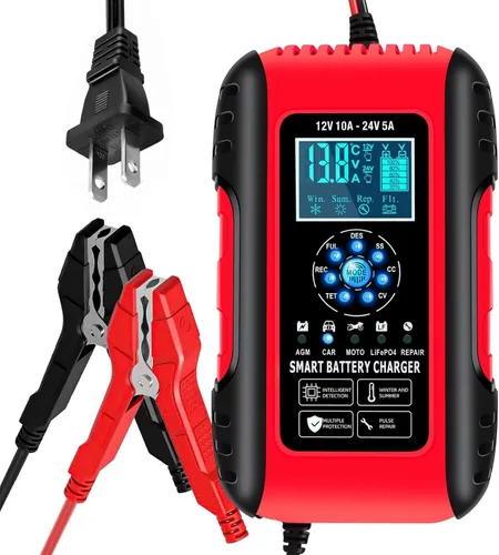 E-FAST LiFePO4 - Cargador de batería de 10 amperios 12/24 V de plomo ácido completamente automático, cargador de batería de automóvil con