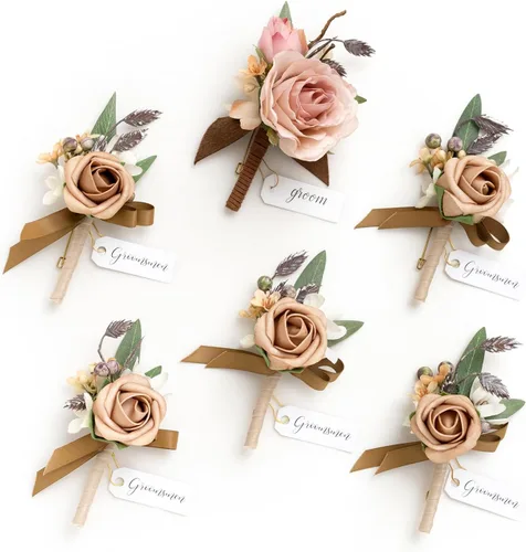 Miniatura 33 de Ling's Moment Boutonniere para Hombres Boda, Juego de 6, Novio y Padrinos Boutonniere para Boda Regreso a Casa Halloween Ceremonia Aniversario, Cena