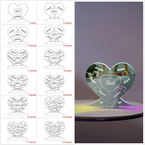 Miniatura 4 de Rompecabezas de nombre de familia personalizado, luz LED, espejo de corazón, espejo de dormitorio, espejo acrílico personalizado de 1 a 12 nombres