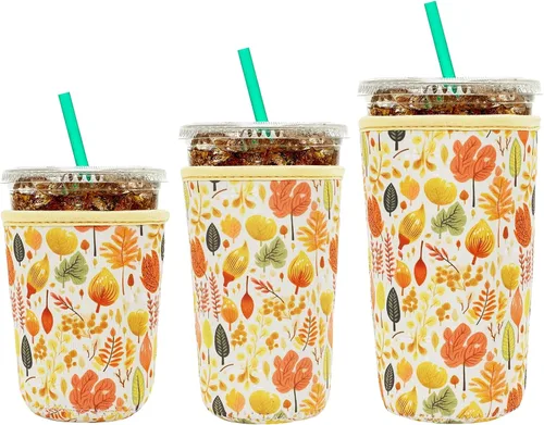 Miniatura 16 de YR Funda aislante de neopreno reutilizable para tazas de café helado, paquete de 3 fundas para bebidas heladas y calientes, enfriador de bebidas