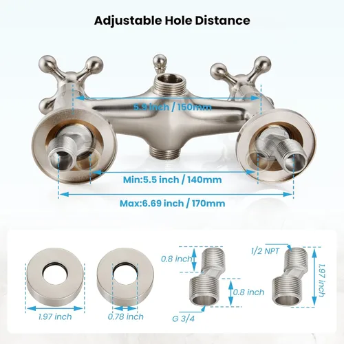 Miniatura 7 de gotonovo Grifo de bañera Clawfoot de montaje en pared con rociador de mano y boquilla giratoria de doble mango cruzado de 360°, juego de grifos