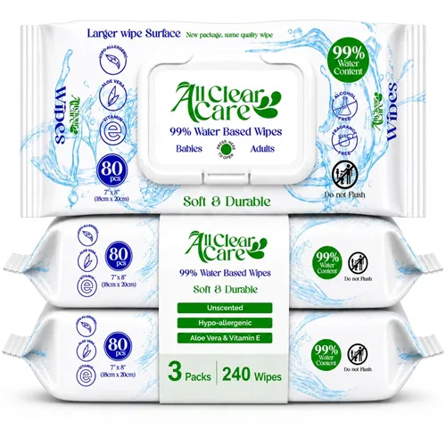 All Clear Care Toallitas para bebé, sin perfume para pieles sensibles, grandes, suaves, duraderas y 99% a base de agua, suaves e hipoalergénicas