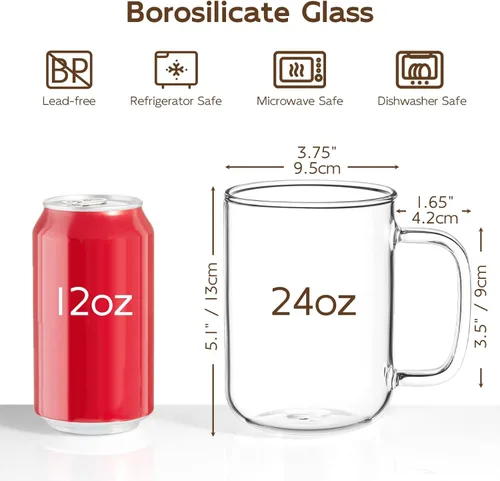 Miniatura 2 de Tazas de café de vidrio, tazas de café helado de 24 onzas, tazas de té transparentes grandes, juego de 2, tazas de vidrio con asas, tazas de vidrio