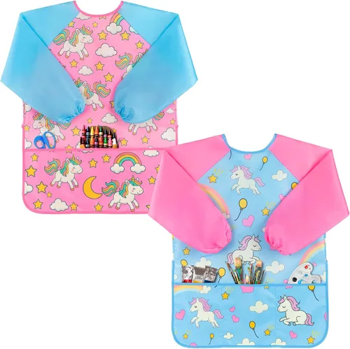 Miniatura 11 de Oiomniv Delantal de Arte para Niños – Delantal de Pintura de Manga Larga Impermeable con 3 Bolsillos, Delantal Lavable para Niños Pequeños y Niños