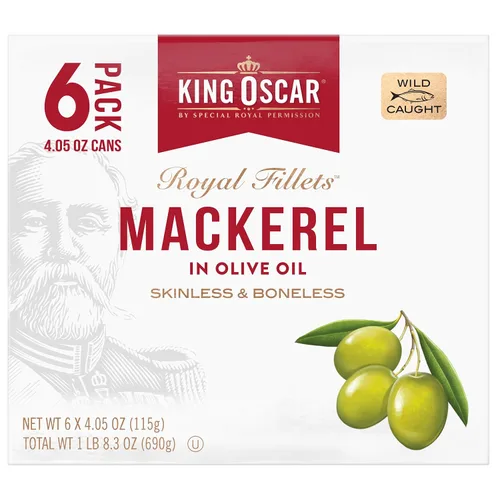King Oscar Caballa en aceite de oliva, lata de 4.05 onzas (paquete de 6, el embalaje puede variar), sin piel y sin hueso, caballa enlatada capturada
