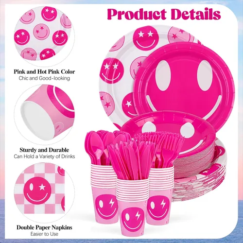 Miniatura 3 de Durony 350 Piezas Decoraciones de Cumpleaños Preppy Suministros de Fiesta Disco Cowgirl para 50 Invitados Platos de Papel Sonrisa Cara Rosa, Copa