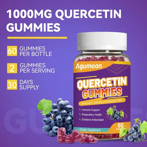 Miniatura 8 de Paquete de 2 gomitas de quercetina, 1000 mg de quercetina con bromelina zinc saúco, apoyo inmunológico y antioxidante, gomitas veganas para adultos