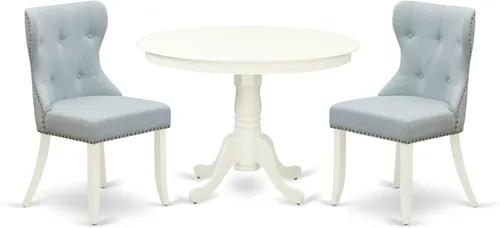 East West Furniture Hartland - Juego de comedor de 3 piezas para espacios pequeños contiene una mesa de comedor redonda con pedestal y 2 sillas