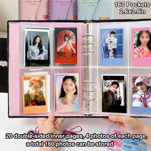 Miniatura 5 de Carpeta A5 Kpop - Álbum de fotos de felpa con 20 fundas interiores de 3 pulgadas para álbum de fotos en hojas sueltas, rellenable, 6 anillos, Negro