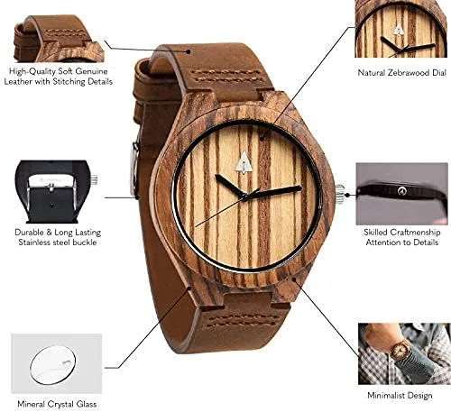 Miniatura 4 de Treehut - Reloj de pulsera para hombre de cuarzo de madera con correa de cuero de calidad superior