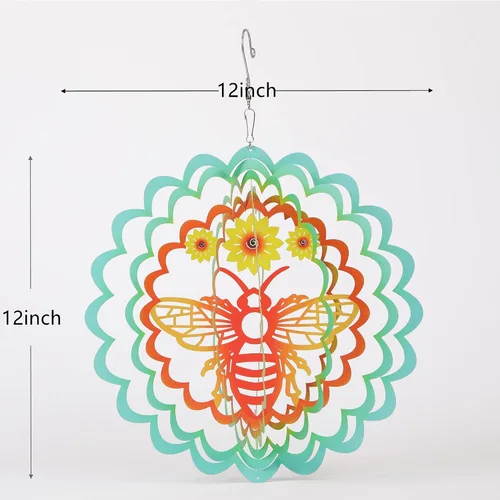 Miniatura 7 de Kinetic - Adorno colgante de metal 3D con diseño de abeja y viento para el hogar y el jardín, diseño de mandala de abeja de 12 pulgadas, molinos