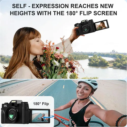 Miniatura 11 de Yatao Cámaras digitales para fotografía y vlogging, pantalla giratoria 6K 64MP, lente dual, micrófono para video, tarjeta TF de 64GB, cámara