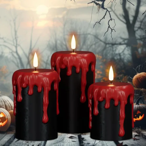 Wondise Velas de Halloween sin llama con temporizador de 6 horas, velas LED negras de cera real que gotean a pilas, mecha 3D, parpadeante,