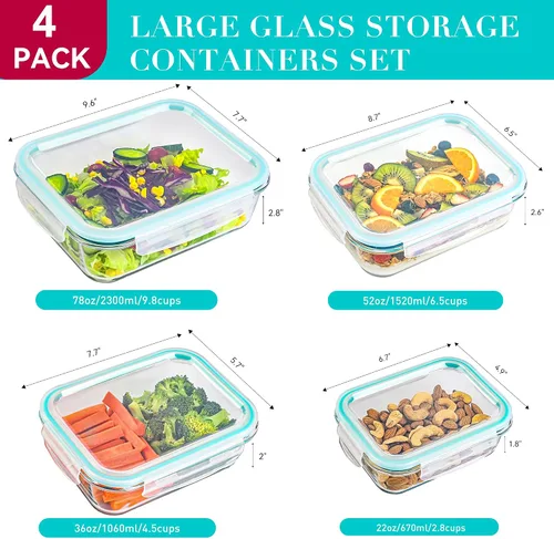 Miniatura 4 de GEHE 4 Pack Large Glass Storage Containers with Airtight Lids, 78/52/36/22oz Glass Meal Prep Food Storage Containers for Baking, Storing, Leakproof