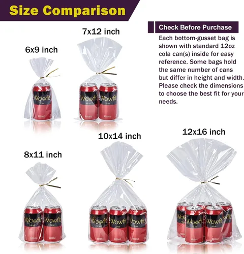 Miniatura 3 de Wowfit 50 bolsas de 10 x 14 pulgadas con fondo acolchado transparente de celofán para regalos con lazos dorados de 6" de Twist, embalaje de celofán
