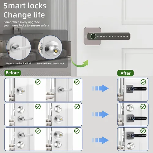Miniatura 5 de Cerradura de puerta inteligente, perilla de puerta de huellas dactilares, perilla digital 5 en 1 con aplicación/código de teclado/tarjetas Tono plata