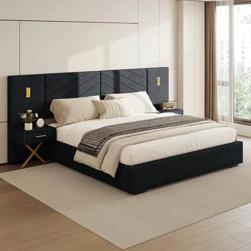Miniatura 17 de DEINPPA Base de cama Queen de lujo con luces LED doradas integradas y mesitas de noche, cama de plataforma tamaño Queen con cabecera tapizada