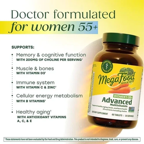Miniatura 3 de MegaFood Multivitamínico avanzado para mujeres de 55+, multivitamínico para mujeres, B12 metilado, metilfolato, colina, vitamina D3, biotina