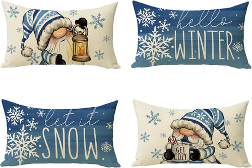 Miniatura 7 de Juego de 4 fundas de almohada decorativas de árbol de pino de Navidad de 18 x 18 pulgadas, bolas de alegría de Navidad, copos de nieve dorados