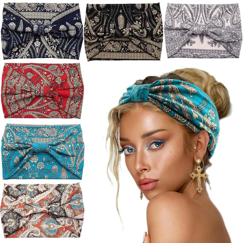Miniatura 11 de Yeshan Diademas bohemias bandeau para mujeres, diadema ancha tipo bandana con nudo, pañuelo para el cabello con estampado floral, bandas africanas