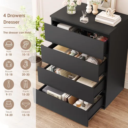 Miniatura 6 de FOTOSOK Cómoda Negra, Cómoda de 4 Cajones Cofre de Almacenamiento Moderno de Cajones 23.6L x 15.7A x 31.5Al pulg, Cómodas Negras Gabinete