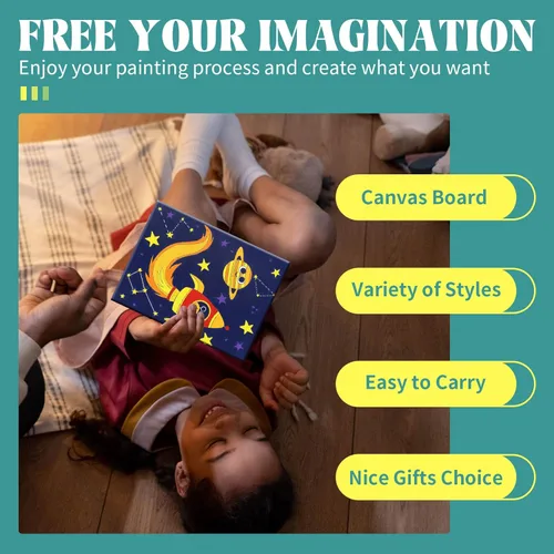 Miniatura 8 de 8 paquetes de lienzo preimpreso para pintar lienzo para niños, 48 pinturas, 8 pinceles, 2 caballetes, 8 lienzos impresos de 6x8 para niñas, niños