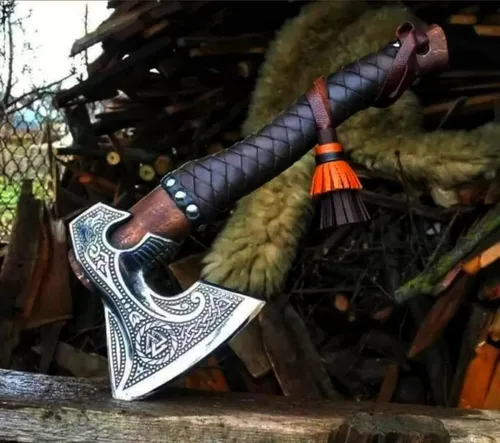 Miniatura 4 de Axes Hacha vikinga hecha a mano Hacha nórdica - Hacha Berserker de dos manos de 40 pulgadas de largo Hacha forjada - Hacha barbuda, con funda