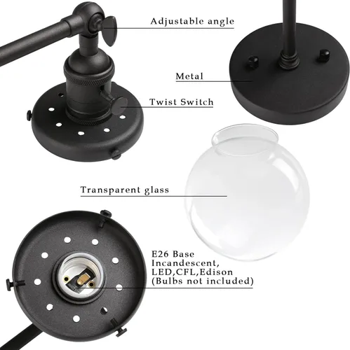 Miniatura 9 de Phansthy Aplique de pared de vidrio industrial de 2 luces, lámpara de pared de baño con interruptor de encendido y brazo oscilante, pantalla de Negro