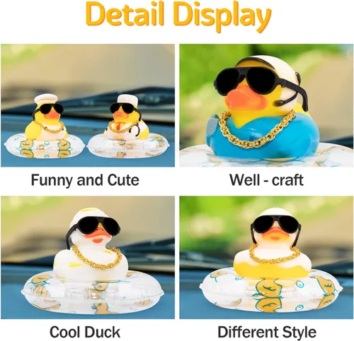 Miniatura 2 de wonuu Adorno de pato de goma para automóvil, accesorios de decoración de tablero de instrumentos con mini collar de anillo de natación y gafas de sol