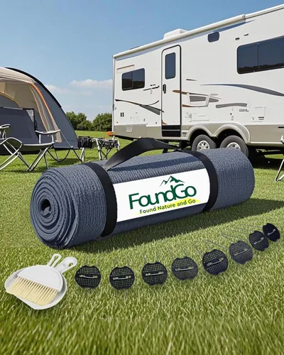 FoundGo Alfombra para toldo de polietileno de alta densidad con ojales, clavos, escoba, para caravana, patio, patio trasero, picnic, playa, Gris