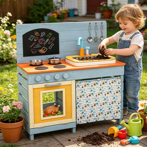 HONEY JOY Cocina de barro, cocina de madera de cedro para niños pequeños, grifo real con agua corriente, fregadero, accesorios de cocina, pizarra,