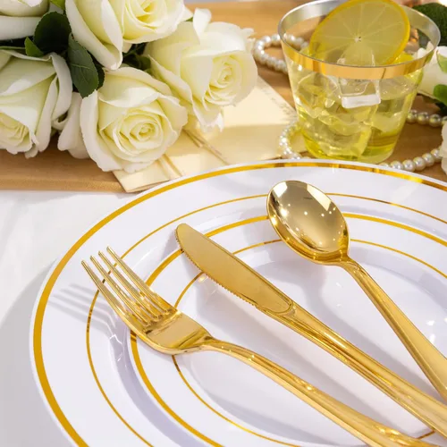 Miniatura 2 de WELLIFE Juego de vajilla desechable de 600 piezas color dorado y blanco para 100 invitados, platos de plástico blanco con borde dorado, platos