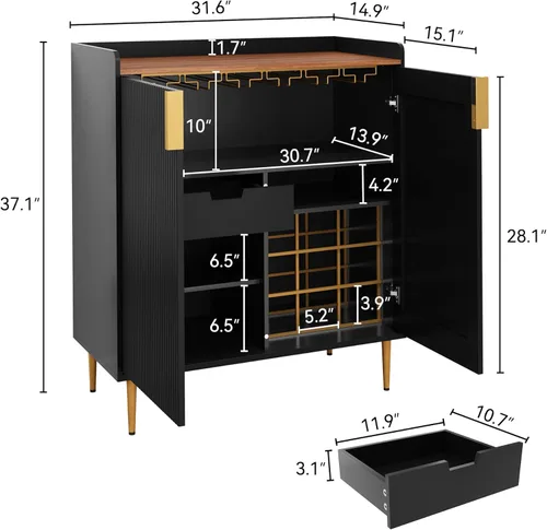 Miniatura 2 de ARTPOWER Aparador Buffet con Textura Acanalada, Gabinete Moderno de Barra de Café con Estante para Vinos y Cajones, Gabinete Negro de Licor