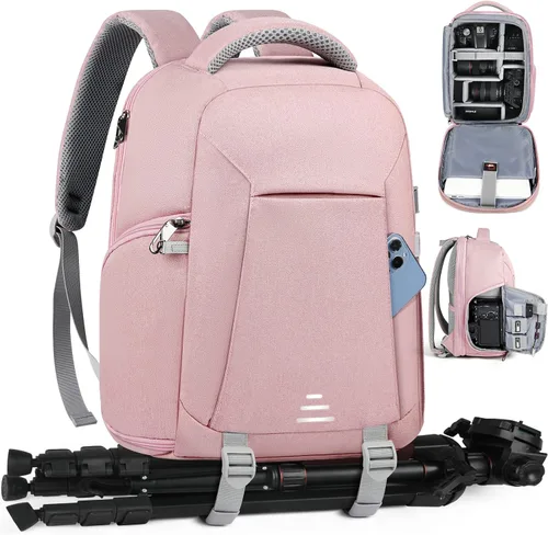 Miniatura 9 de RAINSMORE Mochila para cámara DSLR SLR sin espejo, compartimento profesional para laptop de 14 pulgadas, bolsa impermeable para fotografía