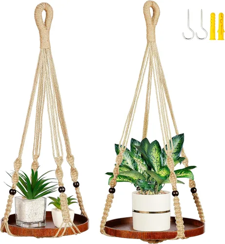 Miniatura 8 de Colgador de macramé de 2 niveles Colgador de plantas para interiores, maceta colgante Estante para macetas colgantes (beige)