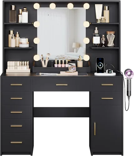 Miniatura 9 de ELYKEN Tocador Moderno con Espejo y Luces, Mesa de Maquillaje con Tablero de Vidrio y Enchufe Eléctrico, Tocador con 6 Estantes de Almacenamiento, 8