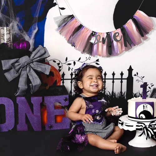 Miniatura 3 de Cartel de Halloween para silla alta para primer cumpleaños, suministros de fiesta de todos los santos para falda tutú para silla alta, banderín