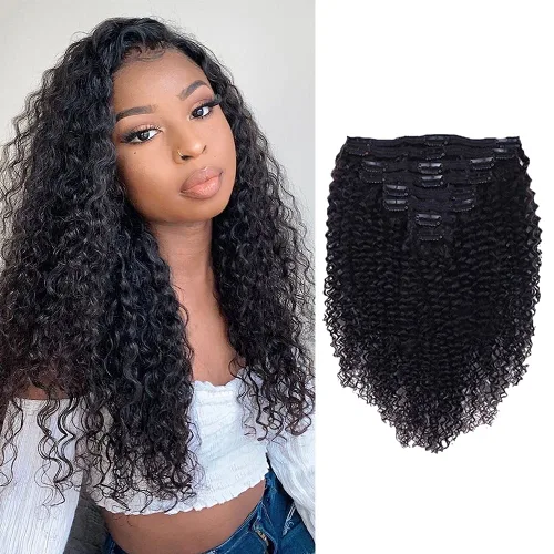 Miniatura 12 de Extensiones de cabello humano rizado con clip, 3C 4A, rizado con clip, cabeza completa, para mujeres negras, cabello humano brasileño Remy