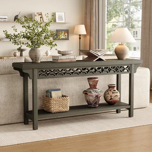 Miniatura 7 de LITTLE TREE Consola de 70.87 pulgadas de largo, mesa de entrada estrecha de madera maciza con estante, mesa de sofá rústica para sala de estar, Negro