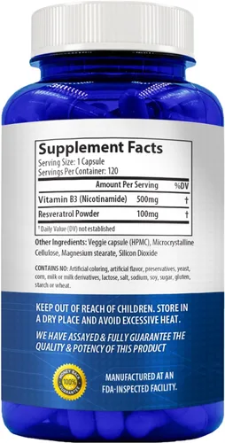 Miniatura 3 de Resveratrol con vitamina B3 Nicotinamida 500mg Precursor NAD+ y complejo de longevidad con forma de nicotinamida de vitamina B3 Niacina sin